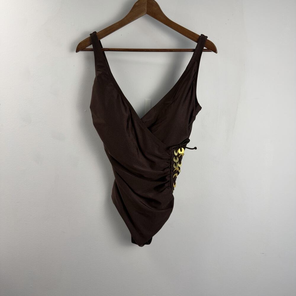 Gottex Golden Touch Brown More Coverage Surplice One Piece V-Neck Sz 14